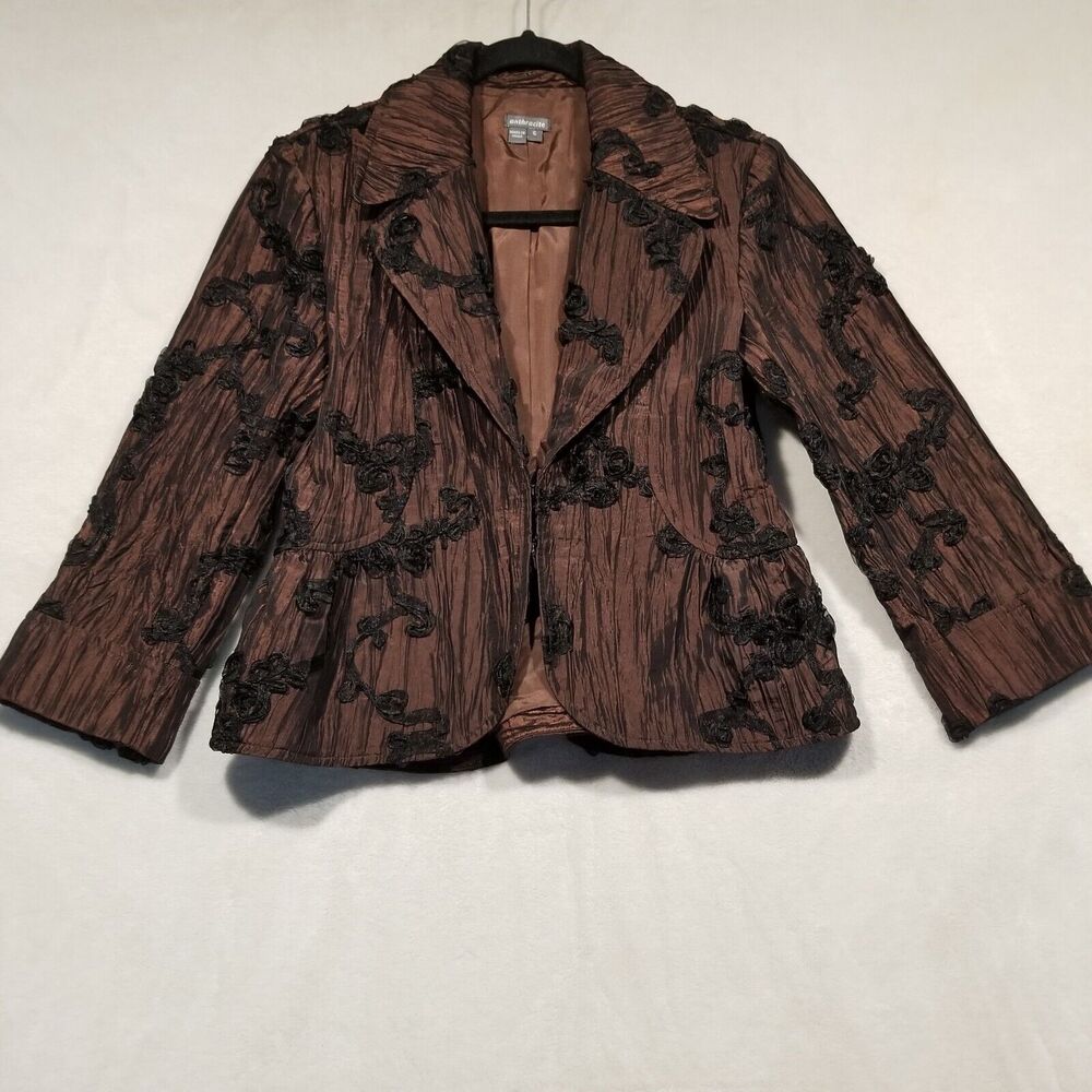 Anthracite Size 6 Blazer Jacket Brown Crepe 3D Black Floral Applique Blazer